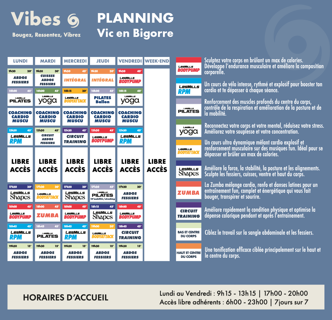 planning des cours collectifs Vibes
